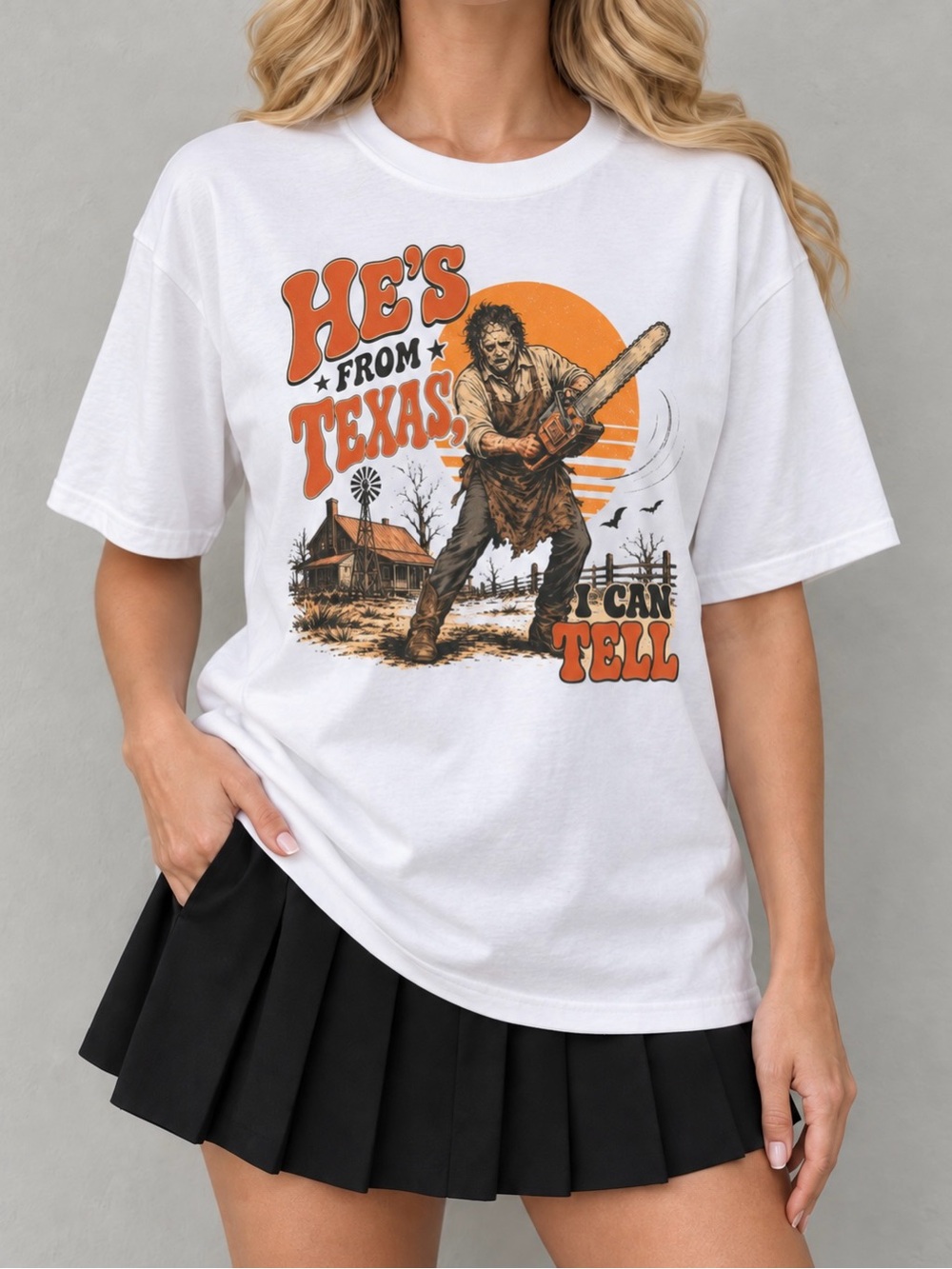Hes From Texas I Can Tell Chainsaw Spooky Season Statement Womens Graphic Tee
